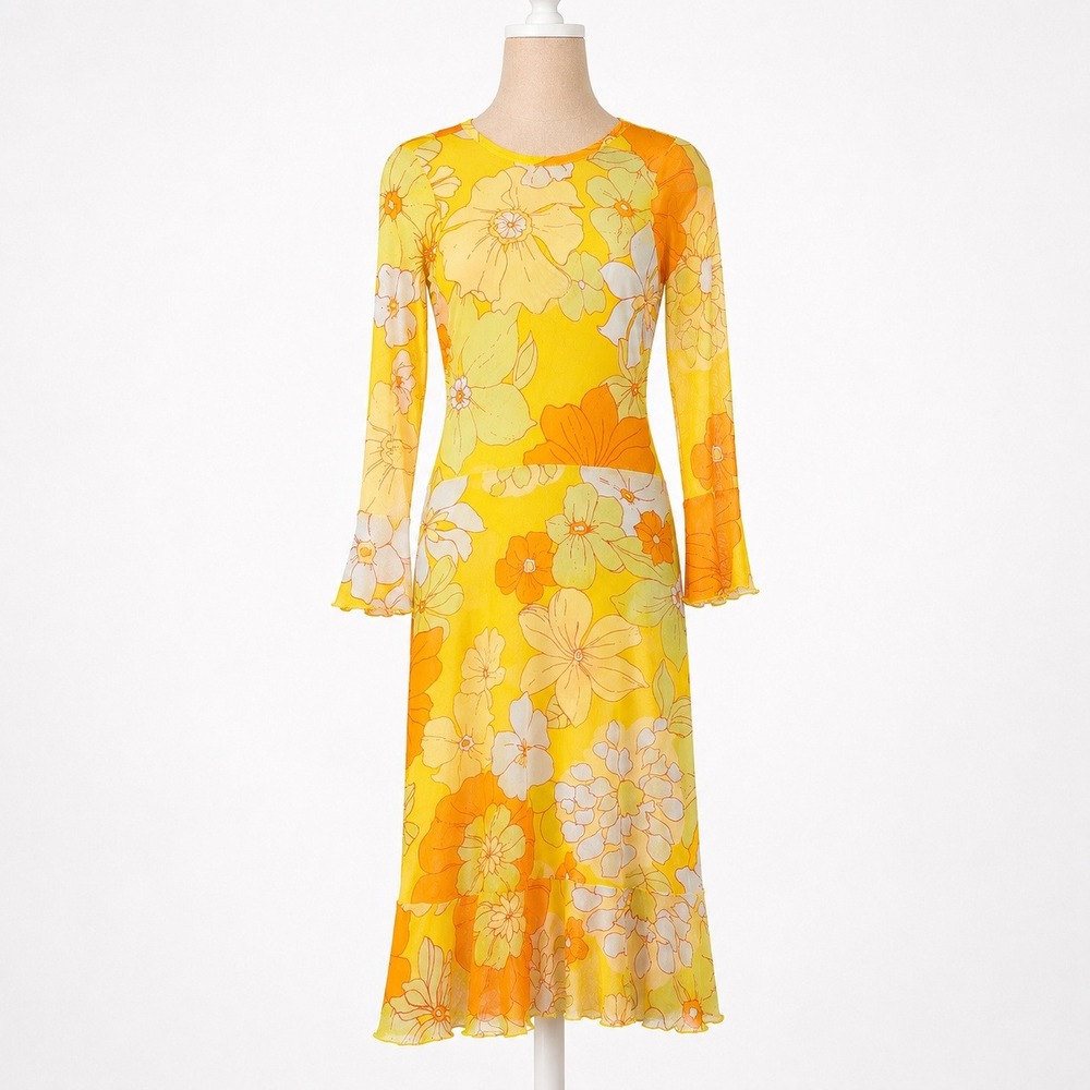 Floral Fairy Sheer Mesh Midi Dress Size XS Retro 70s Psychedelic Rave Festival